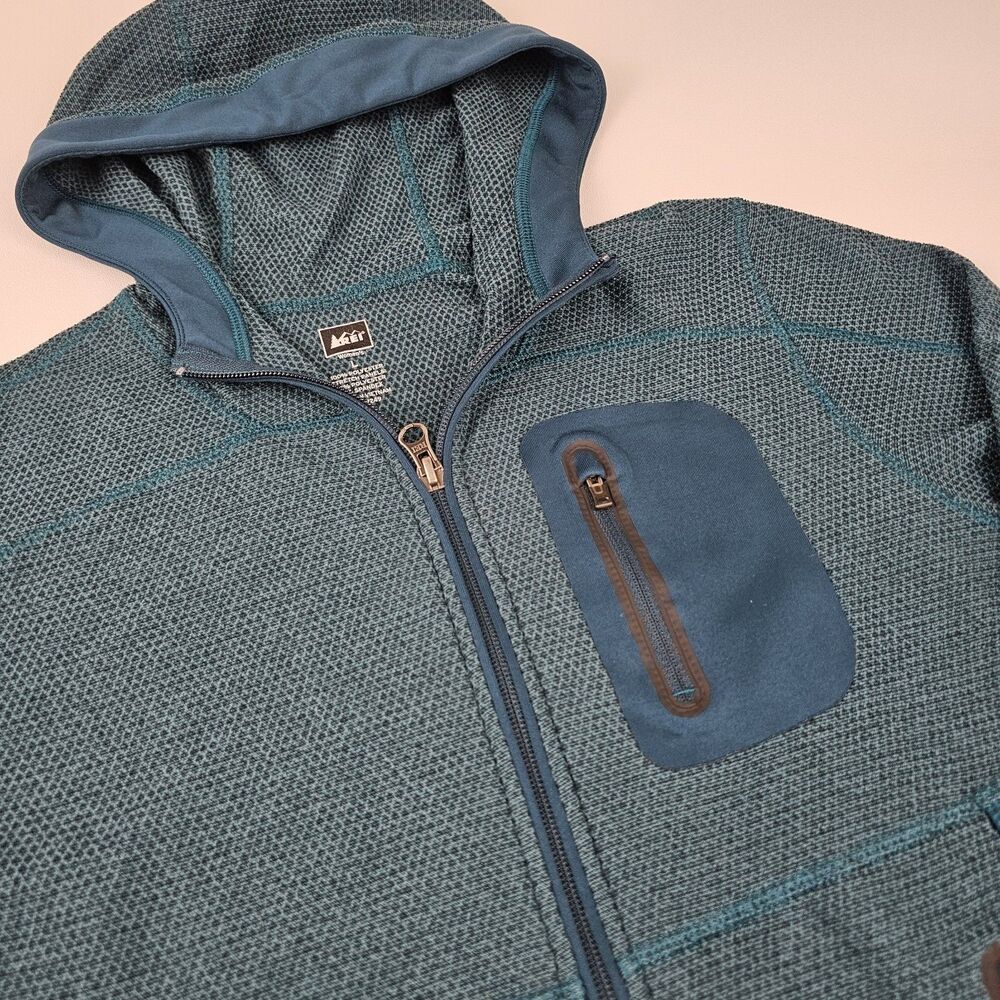 REI Women's L Hooded Full Zip Technical Fleece Jacket Teal Hiking Outdoor